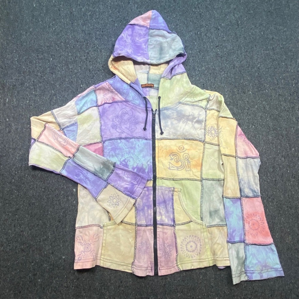 Windhorse Boho Patchwork Unisex L Tie Dye Spiritual Om Block Print Zip Hoodie